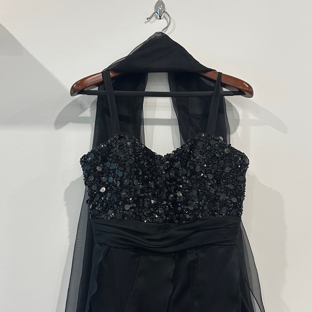 Badcley Mischka Long Black Sequined Evening Dress with Shawl